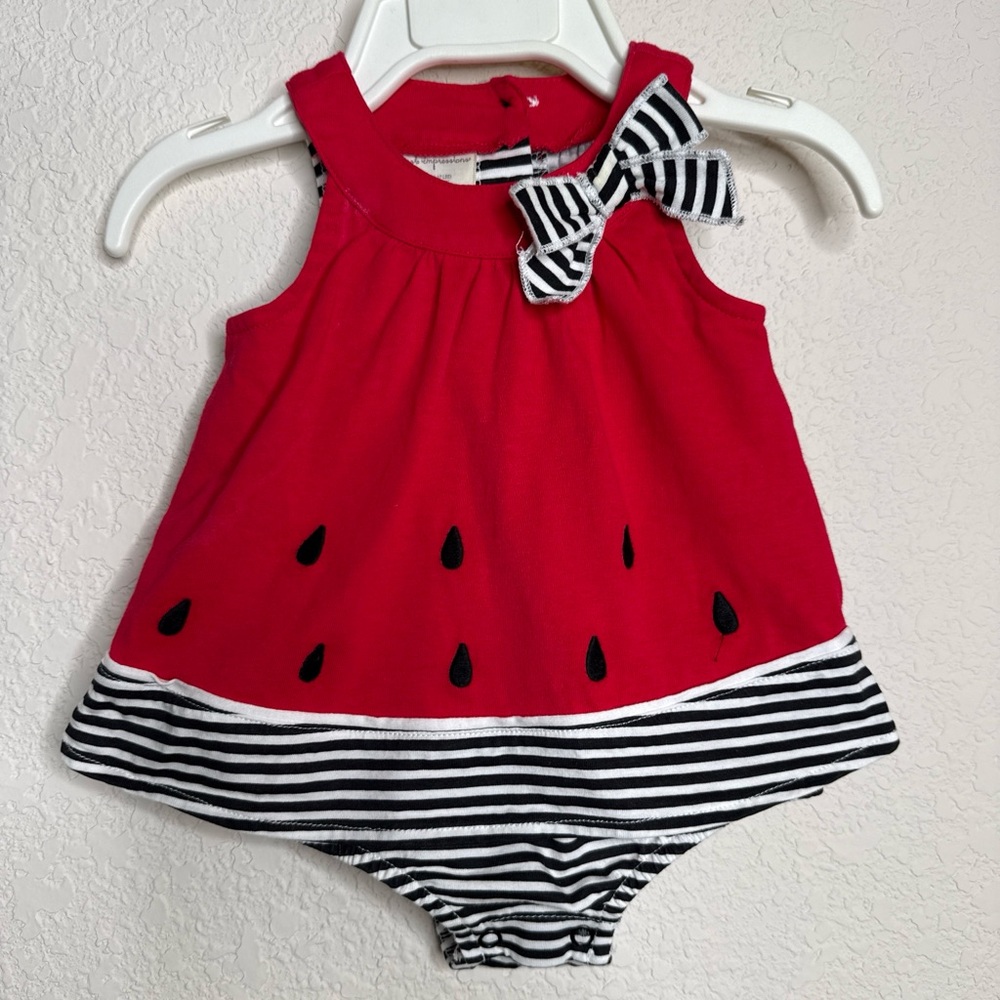 Red Watermelon Infant One-Piece Romper with Black & White Stripes Size 3-6 month